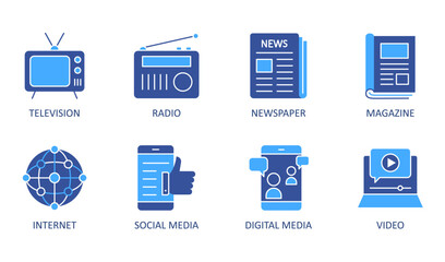 Mass media blue vector icons. Line set. Symbols television radio magazine newspaper. Information video and audio. Internet digital social media. News glossy magazines printed editions - 564018726