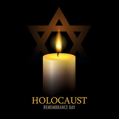 International holocaust remembrance day. One burning candle and star of David on black background. EPS10 vector.