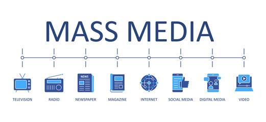 Mass media banner infographics vector icons. Line set blue elements. Television radio broadcasting. Magazine newspaper news. Internet digital social media. Modern means communication and information