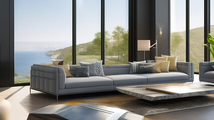 modern living room with view, postmodern, luxurious, Generative AI