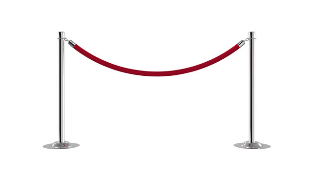 Chrome stanchion pole and velvet rope barrier. Red carpet. 3d illustration.