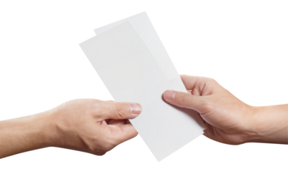 Hand sharing two blank sheets of paper (tickets, flyers, invitations, coupons, money, etc.), cut out