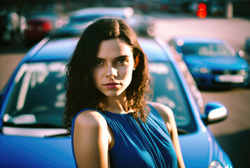 Fototapeta na wymiar A girl and a car - beautiful attractive brunette woman standing in front of a modern blue car on the city parking lot with some copy space, generative ai