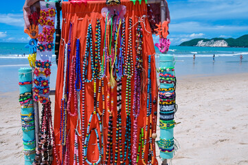 Bead necklace being sold by beach vendor, in Ponta Negra Beach in Natal City. Brazil, Oct 2019