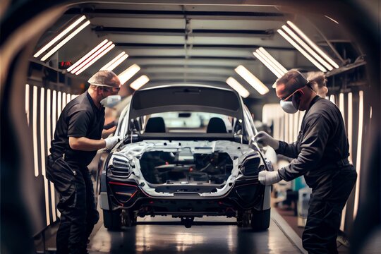 Workers in the automotive industry assembling new cars in a workshop. Generative AI