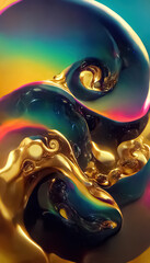 Multicolor neon gold abstract dynami fluid liquid swirls shape background. Trendy psychedelic design. Generative AI