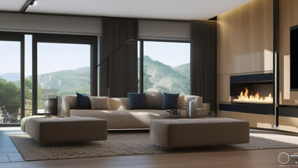 modern living room with view, postmodern, luxurious, Generative AI