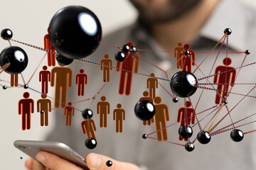 holding 3D rendering group of blue people - connection