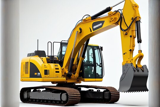 An image of a yellow excavator isolated on a white background. Generative AI