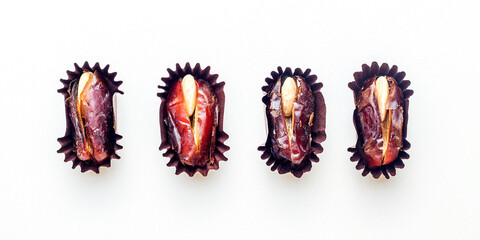 Sweet dates stuffed with chopped nuts, wrapped in a package on a white background. Isolated.