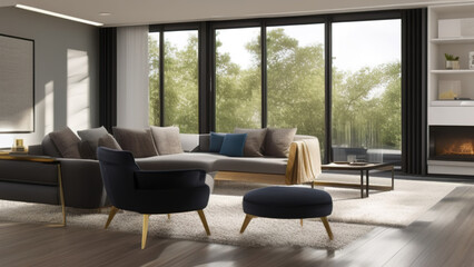 Obraz premium modern living room with view, postmodern, luxurious, Generative AI