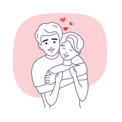 Love couple hugging. Man embracing young woman. A guy and a girl in love together.  Vector linear graphics isolated on white background.
