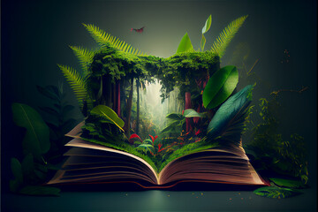 Fototapeta premium A tropical rainforest jungle appearing opening a book, generative AI