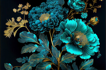 bluish green luxurious floral pattern with golden details ideal for backgrounds, generative AI