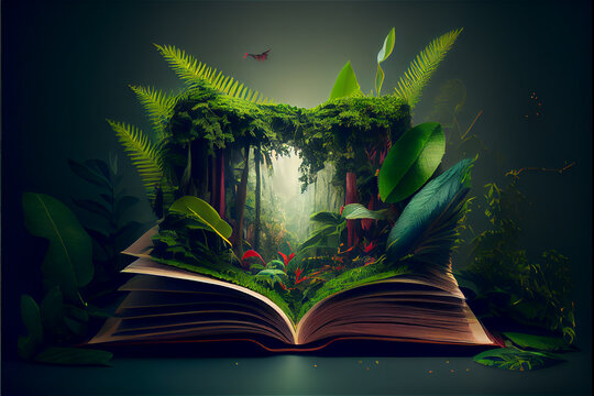 A tropical rainforest jungle appearing opening a book, generative AI