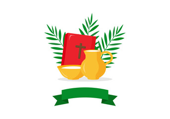 Christian greeting card or banner of the Holy Week before Easter. Bible. the bason and ewer with water, palm branches, green ribbon. Vector illustration - Powered by Adobe