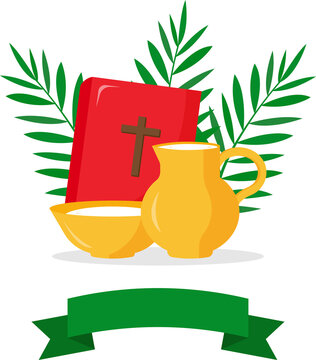 Christian greeting card or banner of the Holy Week before Easter. Bible. the bason and ewer with water, palm branches, green ribbon. Vector illustration