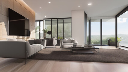 modern living room with view, postmodern, luxurious, Generative AI