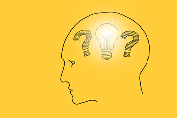 The question marks inside of the human head and light bulbs. Hand drawn illustration on yellow background. Idea concept.