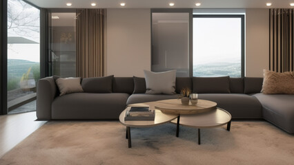 modern living room with view, postmodern, luxurious, Generative AI