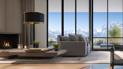 modern living room with view, postmodern, luxurious, Generative AI
