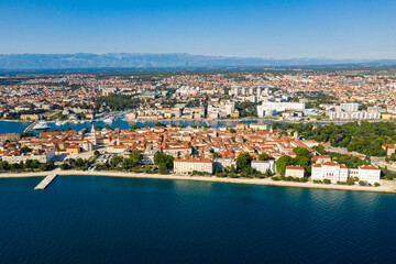 Fototapeta na wymiar Aerial shot of Zadar old town, famous tourist attraction in Croatia. Waterfront aerial summer view, Dalmatia region of Croatia.