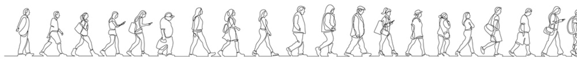 continuous line drawing vector illustration with FULLY EDITABLE STROKE of group of diverse people walking on street