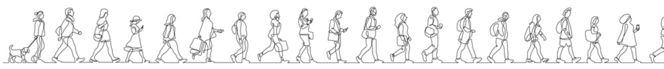 continuous line drawing vector illustration with FULLY EDITABLE STROKE of group of various common people walking on street