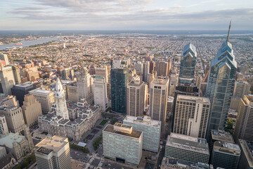 Top View of Downtown Skyline Philadelphia USA and City Hall. Philadelphia City Center, Pennsylvania. Business Financial District and Skyscrapers in Background.