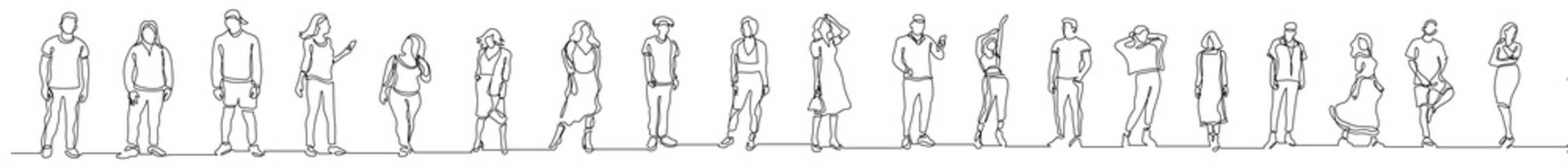 continuous line drawing vector illustration with FULLY EDITABLE STROKE of group of various positive diverse people standing in a row