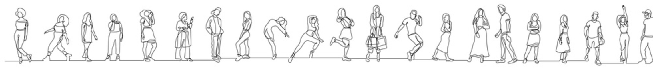 continuous line drawing vector illustration with FULLY EDITABLE STROKE of group of various positive diverse people standing in line