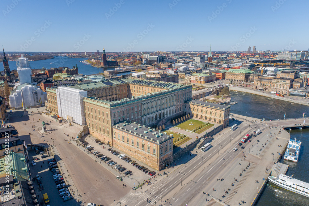 Wall mural The Royal Palace is located in Gamla Stan Island in Stockholm, Sweden. Drone Point of View