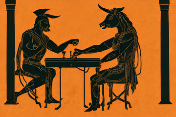 greek mythology character silhouettes of minotaur playing chess on yellow background in ancient amphora painting style, generative ai