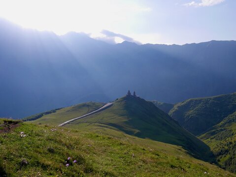 Gergeti Trinity Church in Kazbegi at sunrise. Georgia.