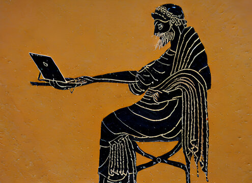 greek mythology character silhouettes of zeus using a modern laptop computer on yellow background in ancient amphora painting style, generative ai