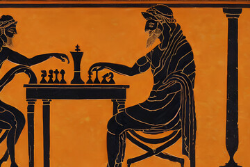 greek mythology character silhouettes of people playing chess on yellow background in ancient amphora painting style, generative ai