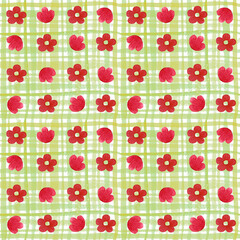 Watercolor seamless pattern with red flowers on the  green cage background. Texture for wrapping paper, fabrics, decor, banners.