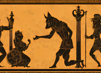 greek mythology character silhouettes on yellow background in ancient amphora painting style, generative ai