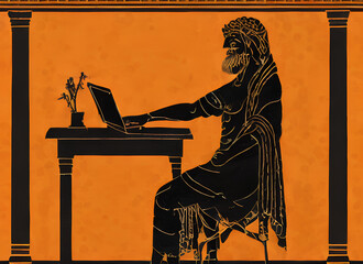 greek mythology character silhouettes using a modern laptop computer on yellow background in ancient amphora painting style, generative ai