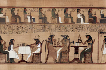 egyptian wall painting showing ancient people dining in a restaurant, generative ai