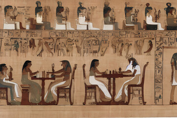egyptian wall painting showing ancient people dining in a restaurant, generative ai
