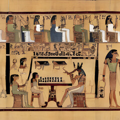 egyptian wall painting showing ancient people playing chess, generative ai