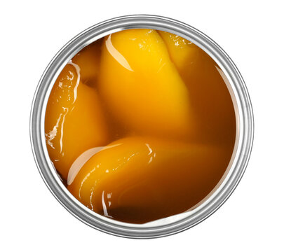 Mango slices in sweetened syrup, tin can isolated on white, top view