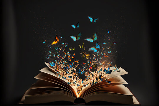 An open book with butterflies coming out of it