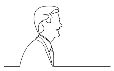 continuous line drawing vector illustration with FULLY EDITABLE STROKE of happy white businessman