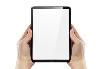 Hands holding black tablet computer cut out