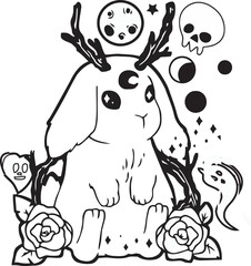 Kawaii coloring page jackalope baphomet bear and skull. Crystals. Magic, mysticism. Black and white illustration.
