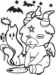 Kawaii coloring page jackalope baphomet bear and skull. Crystals. Magic, mysticism. Black and white illustration.