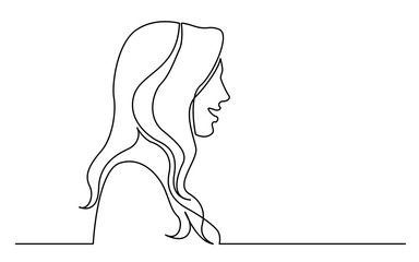 continuous line drawing vector illustration with FULLY EDITABLE STROKE of smiling beautiful woman with long hair style