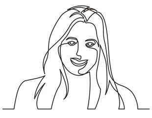 continuous line drawing vector illustration with FULLY EDITABLE STROKE of smiling happy woman